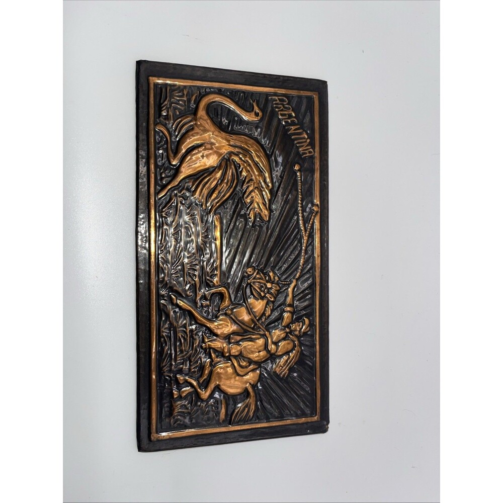 Copper Embossed Relief Wall Plaque Argentina Gaucho Boleadora Greater Rhea